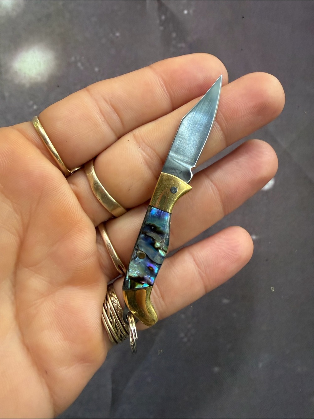 Brass Pocket Key Knife with Iridescent Abalone-Style Inlay - Blue-Green - Picture 3 of 3